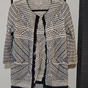 Lucky Brand Black and Cream Geometric Open Cardigan
